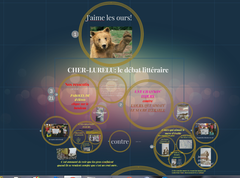 Les élèves de la classe du CM1 de l'école Barbès (Bourges) ont développé l'action Cher-Lurelu en débattant autour des cinq livres. Ils vous présentent un débat littéraire autour de deux livres: L'ours qui aimait le sucre d'érable et une chanson d'ours. C'est un diaporama sous format prezi.